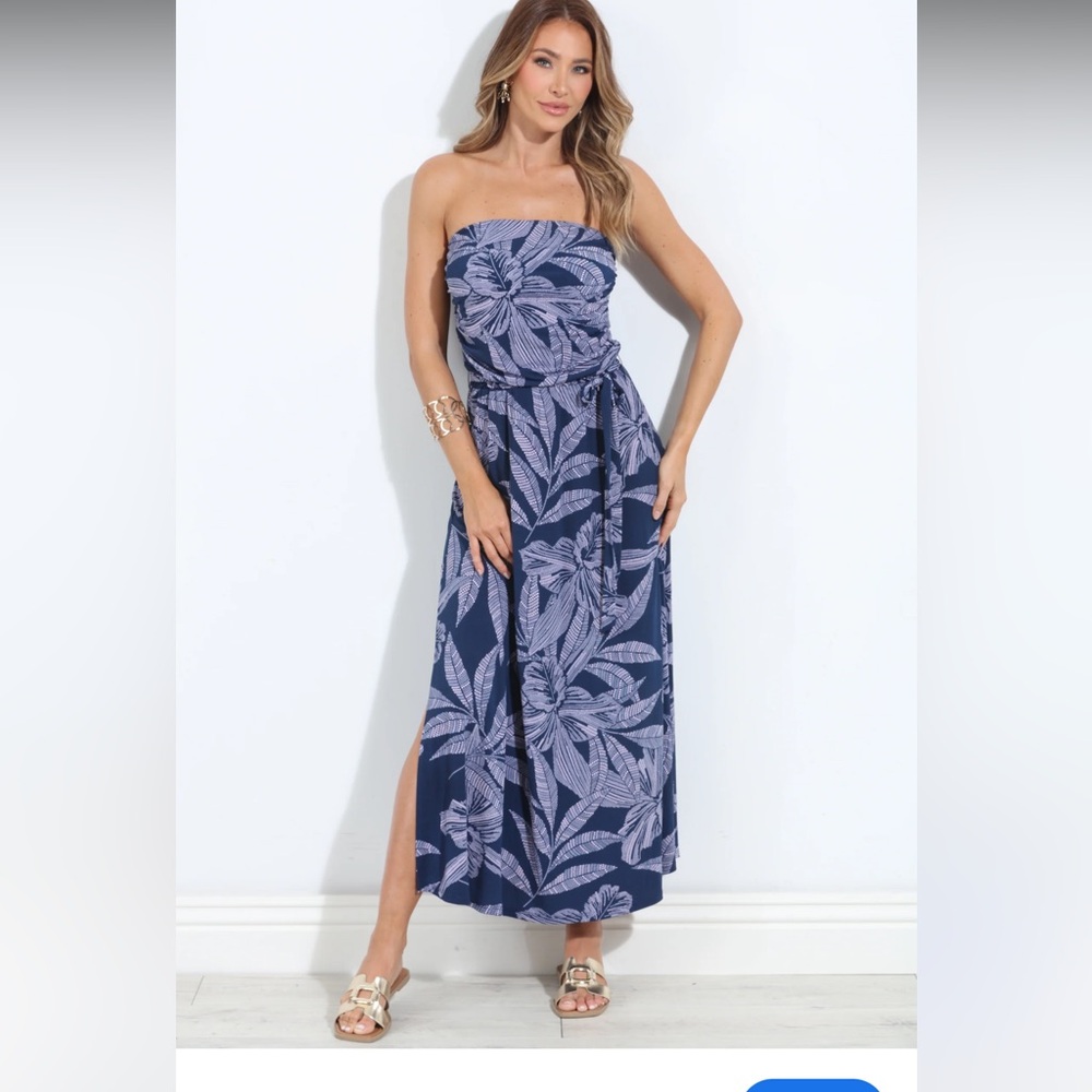 Veronica M Signature Stretch Navy and Lavender Strapless Dress M